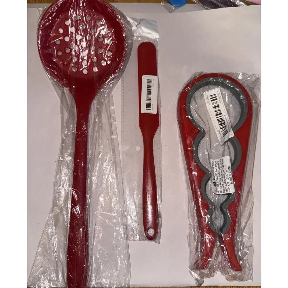 NWT Red Silicone Skimmer, Spreader, And Jar/Bottle Opener W/ Free Plastic Ladle
